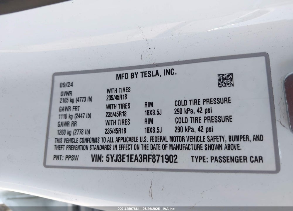 2024 TESLA MODEL 3 VIN: 5YJ3E1EA3RF871902