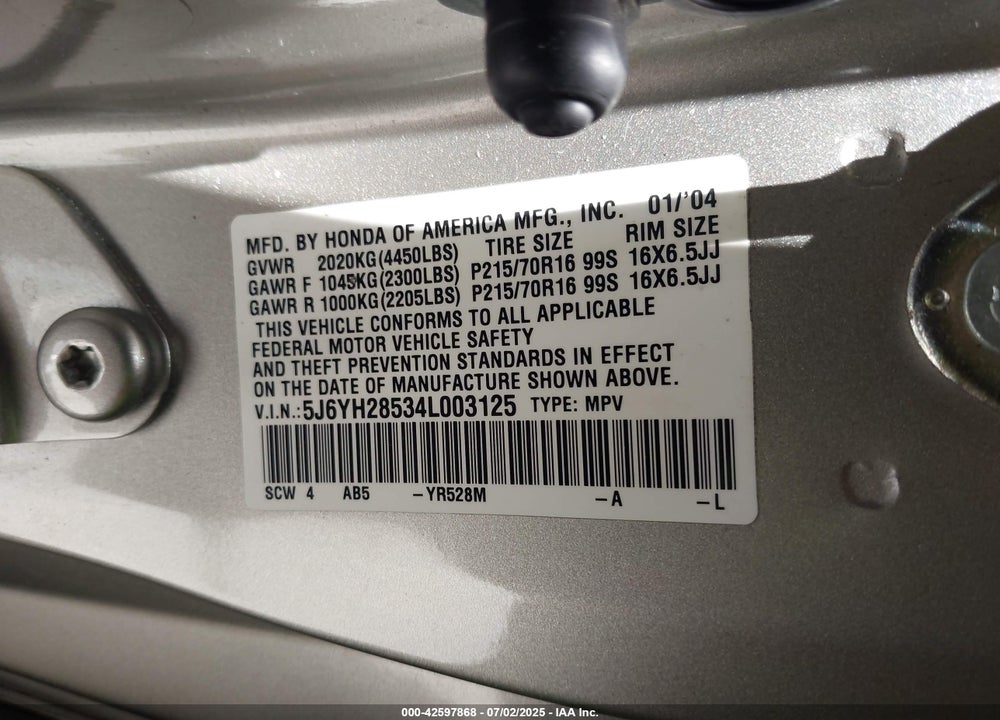 2004 HONDA ELEMENT VIN: 5J6YH28534L003125