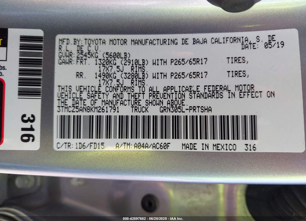 2019 TOYOTA TACOMA VIN: 3TMCZ5AN8KM261791