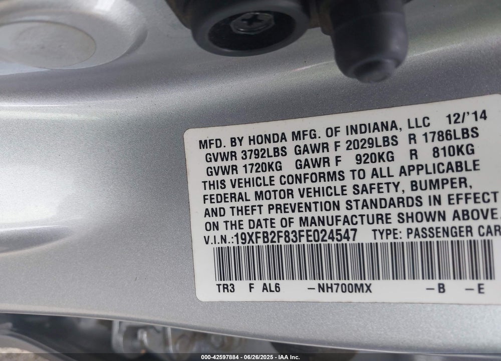 2015 HONDA CIVIC VIN: 19XFB2F83FE024547
