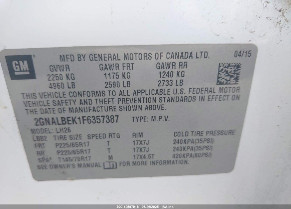 2015 CHEVROLET EQUINOX 1LT VIN: 2GNALBEK1F6357387