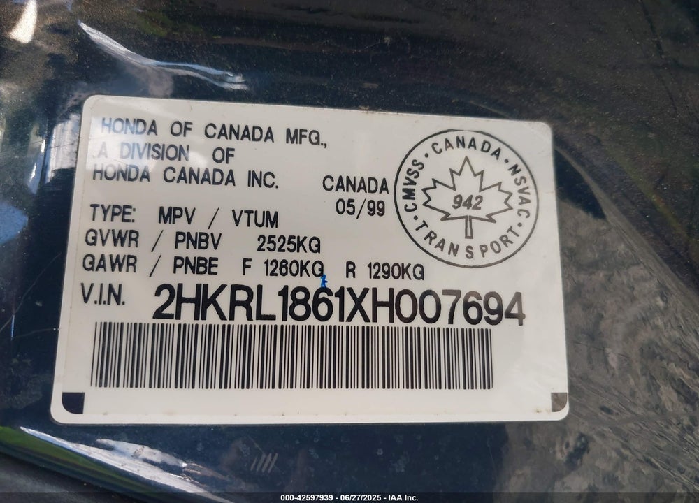 1999 HONDA ODYSSEY EX VIN: 2HKRL1861XH007694