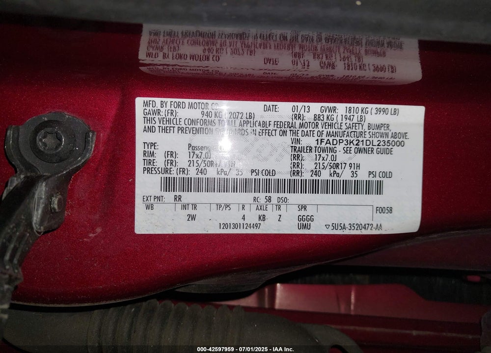 2013 FORD FOCUS VIN: 1FADP3K21DL235000