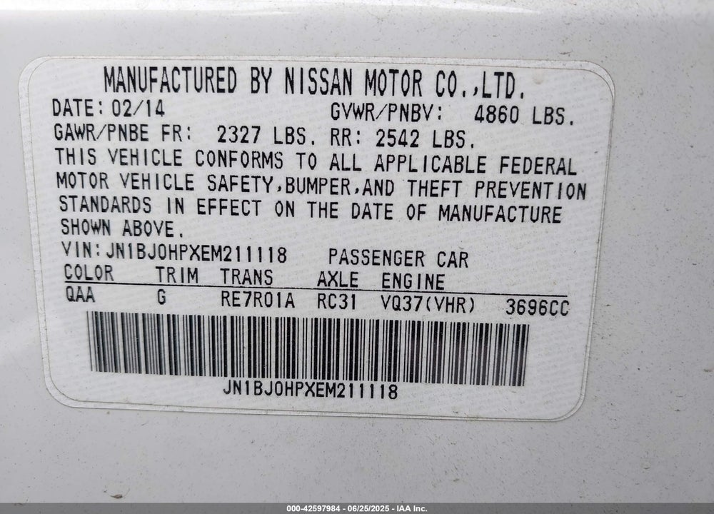 2014 INFINITI QX50 VIN: JN1BJ0HPXEM211118