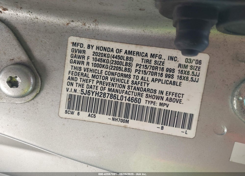 2006 HONDA ELEMENT EX-P VIN: 5J6YH28786L014660