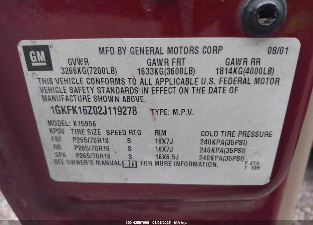 2002 GMC YUKON XL 1500 SLT VIN: 1GKFK16Z02J119278