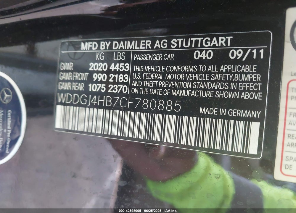 2012 MERCEDES-BENZ C VIN: WDDGJ4HB7CF780885