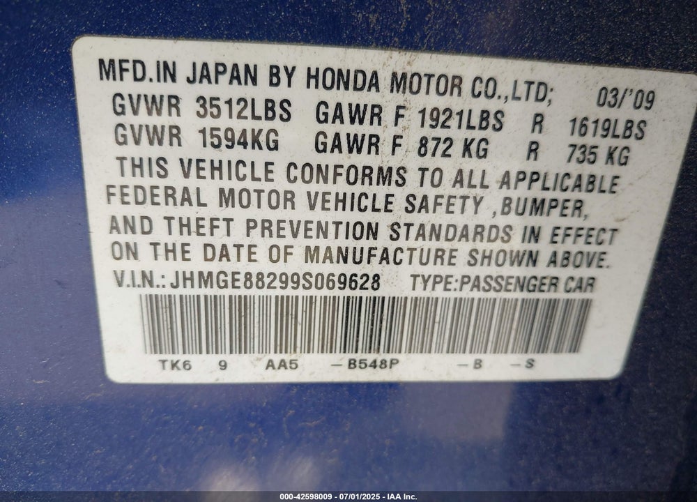 2009 HONDA FIT VIN: JHMGE88299S069628