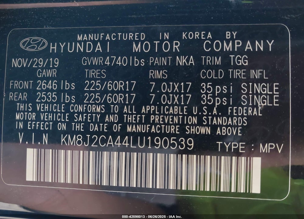 2020 HYUNDAI TUCSON VIN: KM8J2CA44LU190539