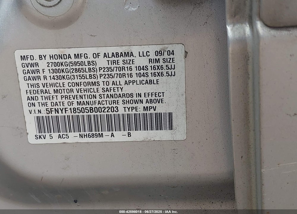 2005 HONDA PILOT VIN: 5FNYF18505B002203