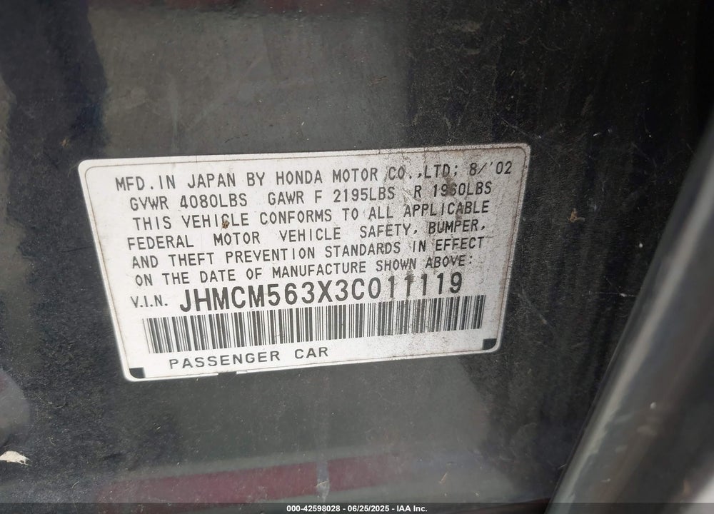 2003 HONDA ACCORD 2.4 LX VIN: JHMCM563X3C011119