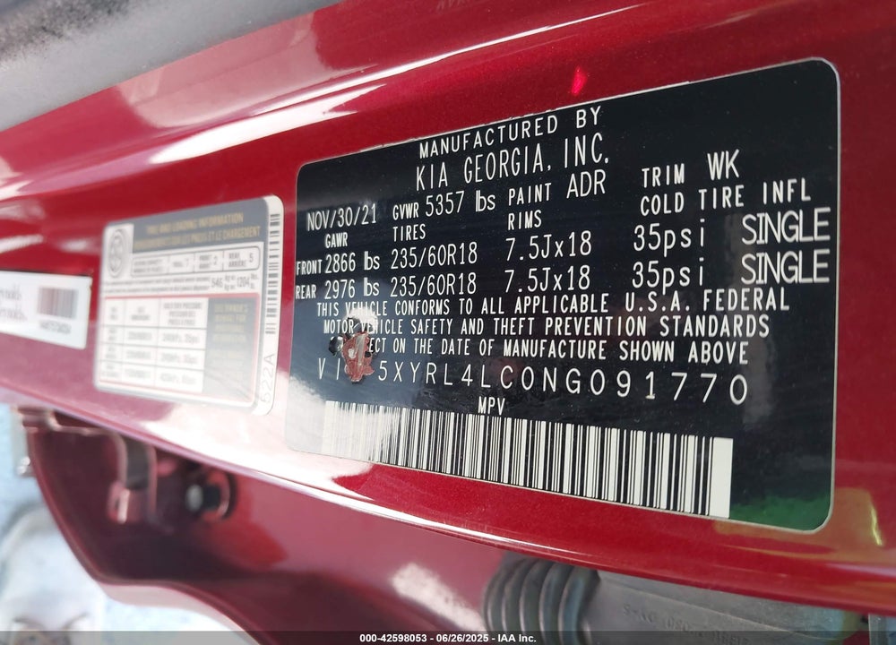 2022 KIA SORENTO VIN: 5XYRL4LC0NG091770
