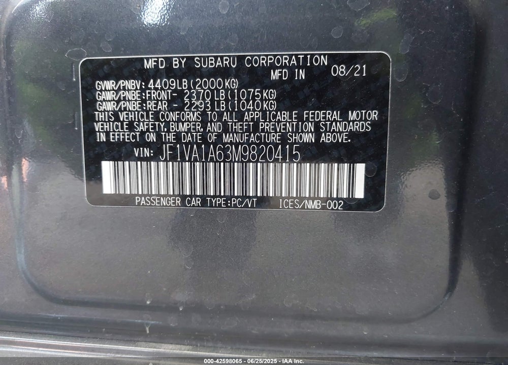 2021 SUBARU WRX VIN: JF1VA1A63M9820415
