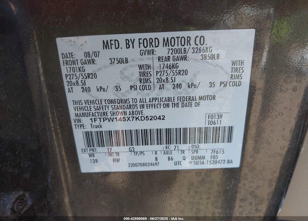 2007 FORD F-150 FX4/LARIAT/XLT VIN: 1FTPW145X7KD52042