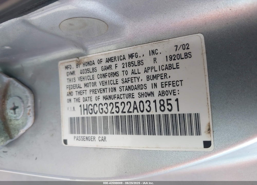 2002 HONDA ACCORD 2.3 EX VIN: 1HGCG32522A031851