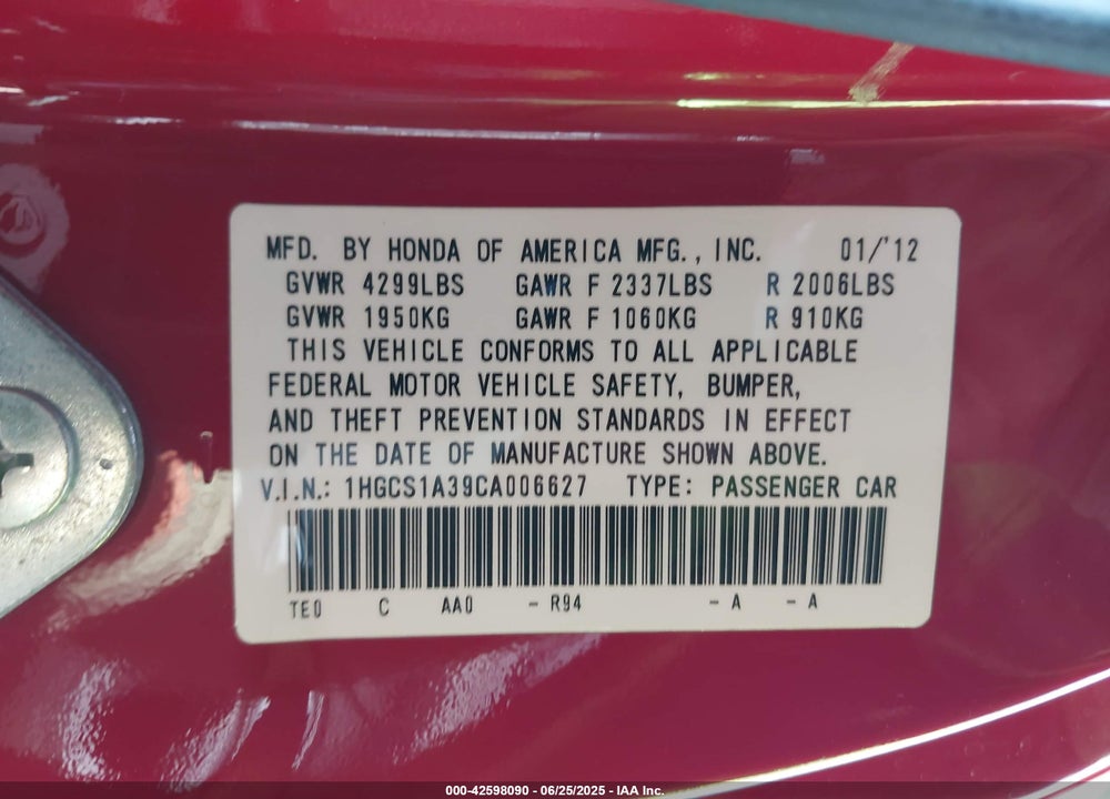 2012 HONDA ACCORD 2.4 LX-S VIN: 1HGCS1A39CA006627