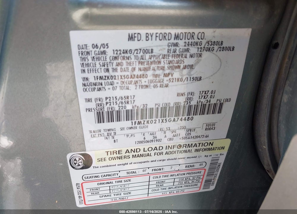 2005 FORD FREESTYLE VIN: 1FMZK021X5GA74480
