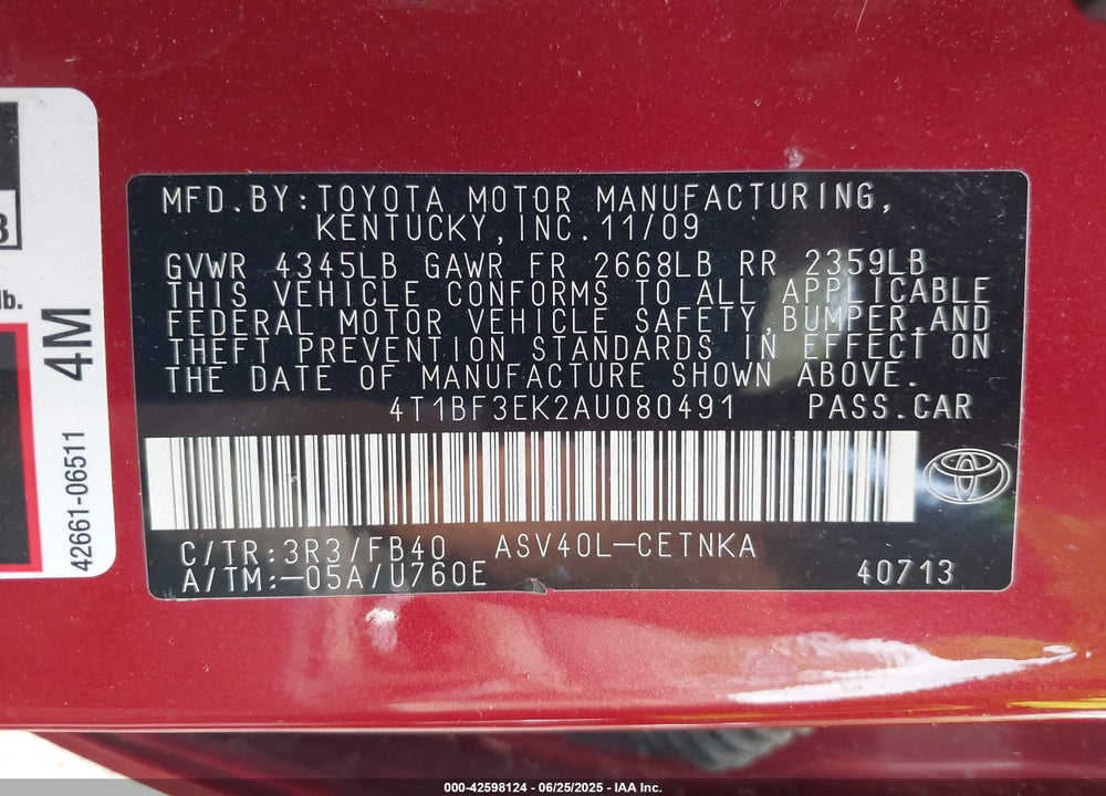 2010 TOYOTA CAMRY VIN: 4T1BF3EK2AU080491