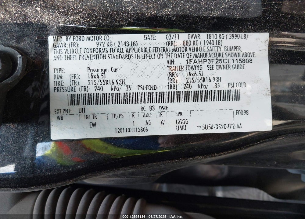 2012 FORD FOCUS VIN: 1FAHP3F25CL115808