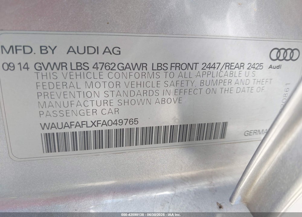 2015 AUDI A4 VIN: WAUAFAFLXFA049765