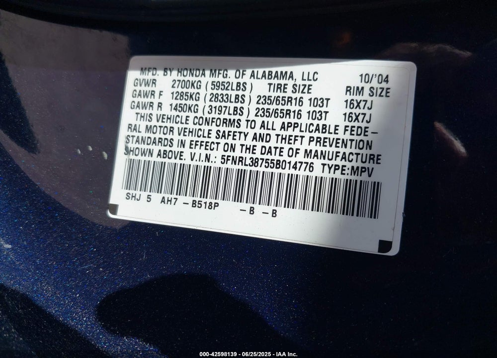 2005 HONDA ODYSSEY EX-L VIN: 5FNRL38755B014776