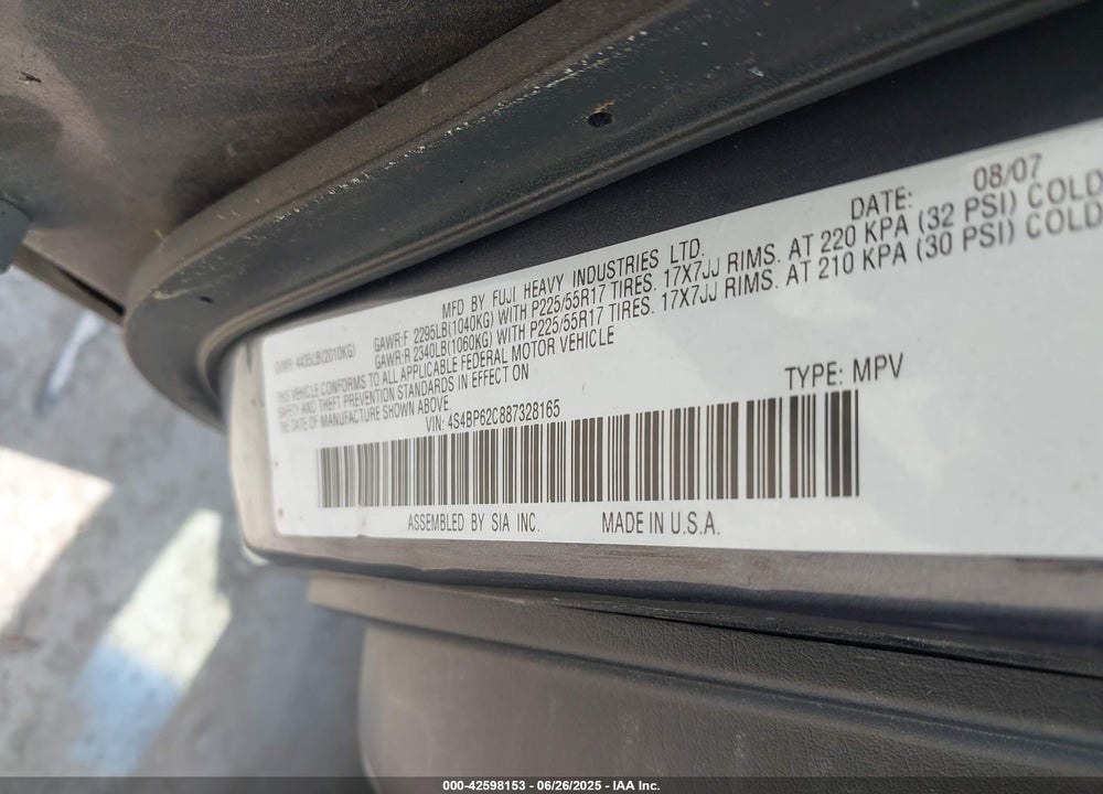 2008 SUBARU OUTBACK 2.5I LIMITED/2.5I LIMITED L.L. BEAN EDITION VIN: 4S4BP62C887328165
