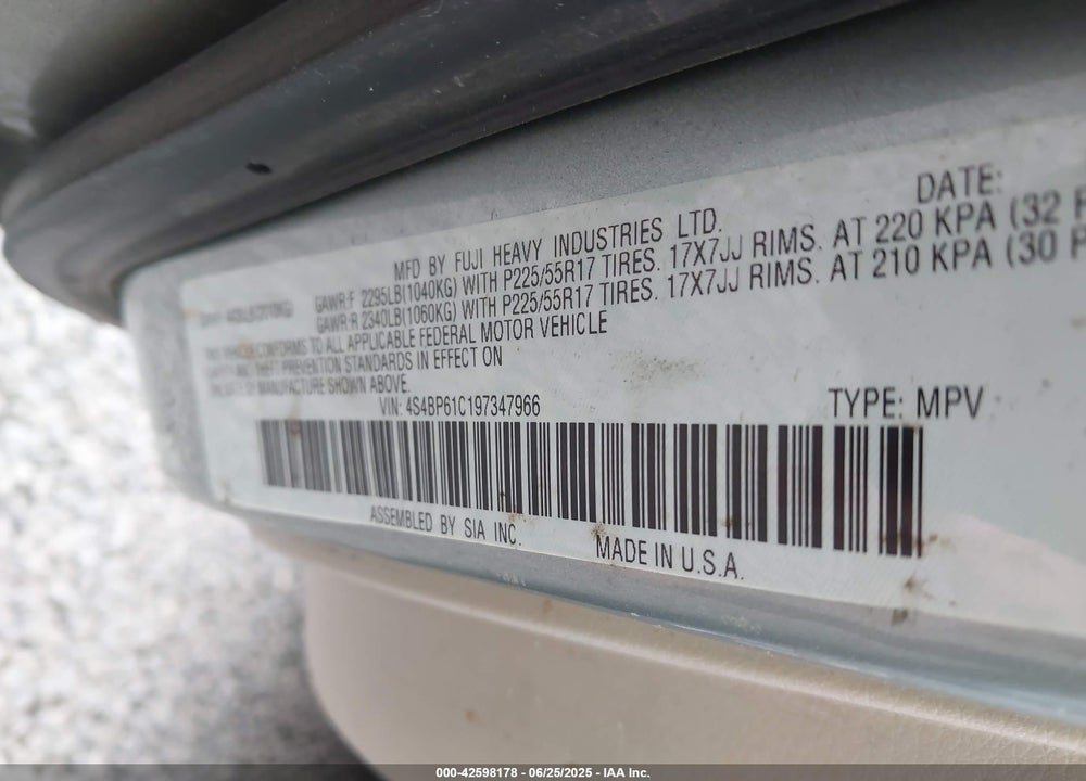 2009 SUBARU OUTBACK VIN: 4S4BP61C197347966