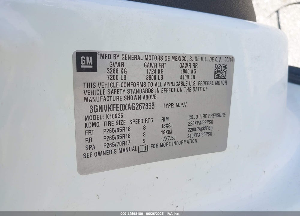 2010 CHEVROLET AVALANCHE VIN: 3GNVKFE0XAG267355