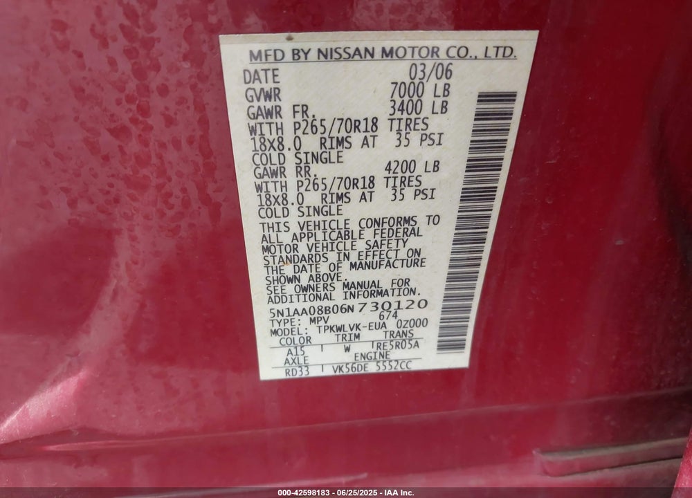 2006 NISSAN ARMADA LE VIN: 5N1AA08B06N730120