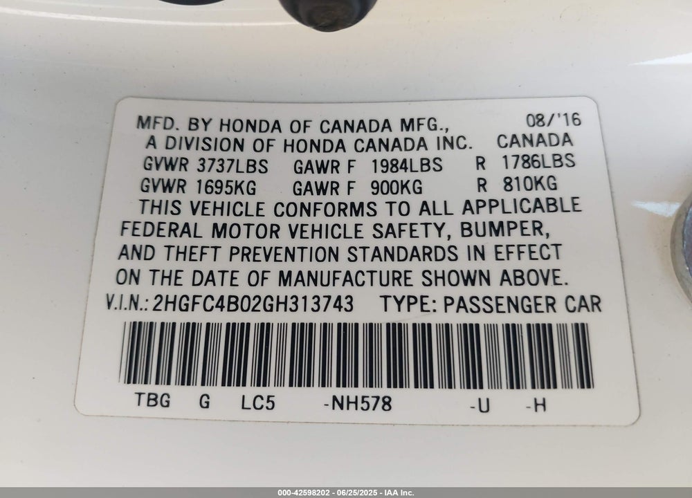 2016 HONDA CIVIC VIN: 2HGFC4B02GH313743
