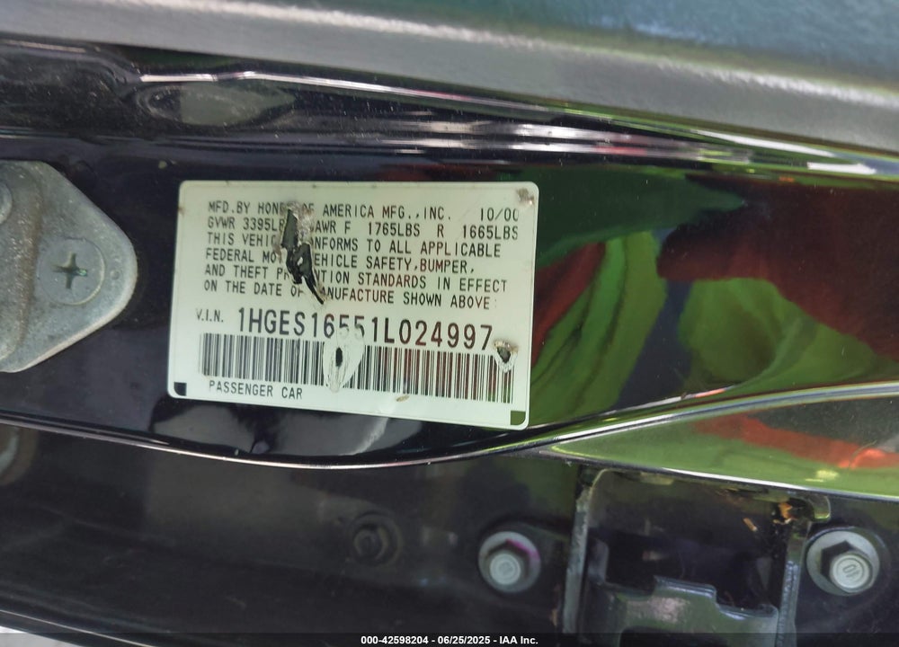 2001 HONDA CIVIC LX VIN: 1HGES16551L024997