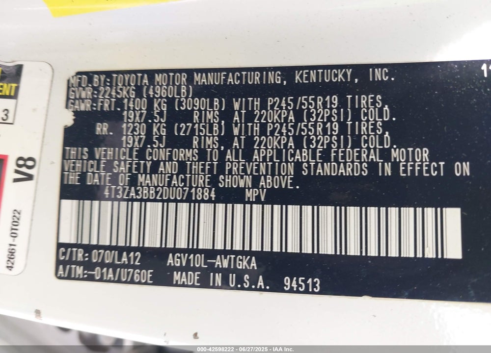 2013 TOYOTA VENZA VIN: 4T3ZA3BB2DU071884