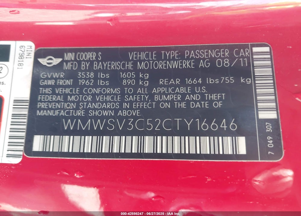 2012 MINI COOPER VIN: WMWSV3C52CTY16646