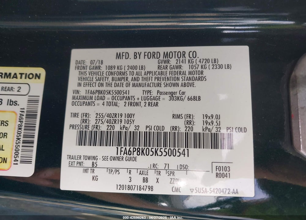 2019 FORD MUSTANG BULLITT VIN: 1FA6P8K05K5500541