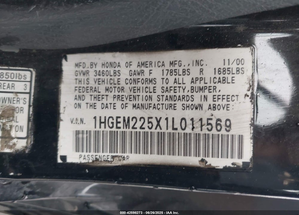 2001 HONDA CIVIC LX VIN: 1HGEM225X1L011569