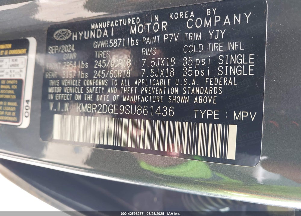 2025 HYUNDAI PALISADE VIN: KM8R2DGE9SU861436