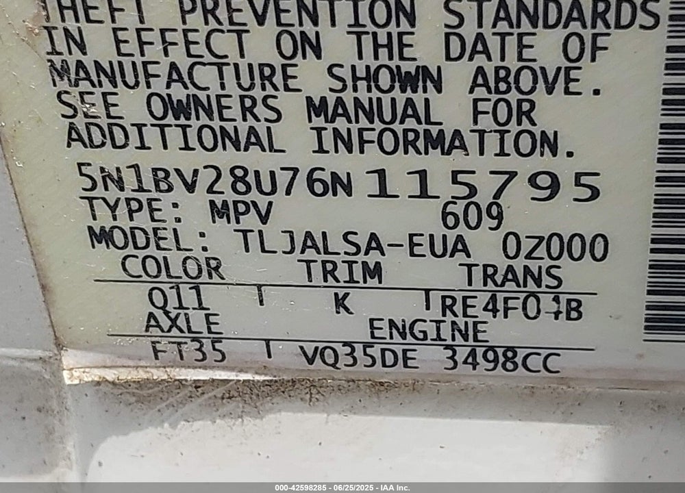 2006 NISSAN QUEST 3.5 VIN: 5N1BV28U76N115795