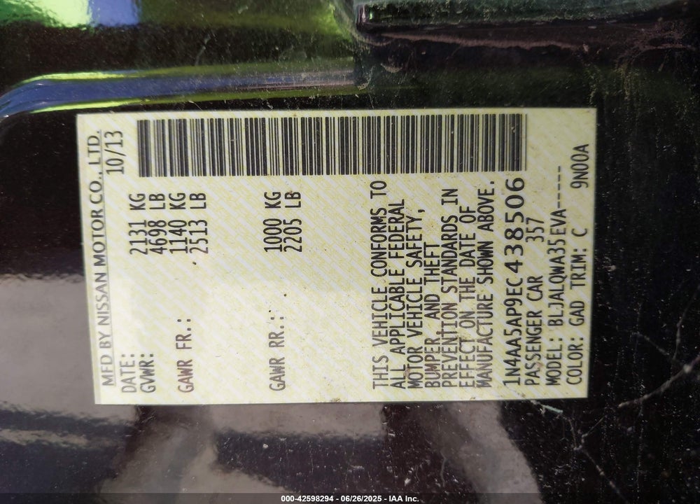 2014 NISSAN MAXIMA 3.5 S VIN: 1N4AA5AP9EC438506