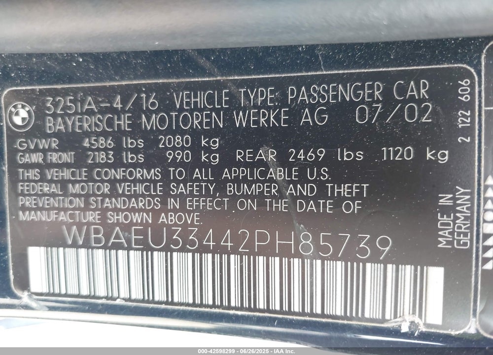 2002 BMW 325XI VIN: WBAEU33442PH85739
