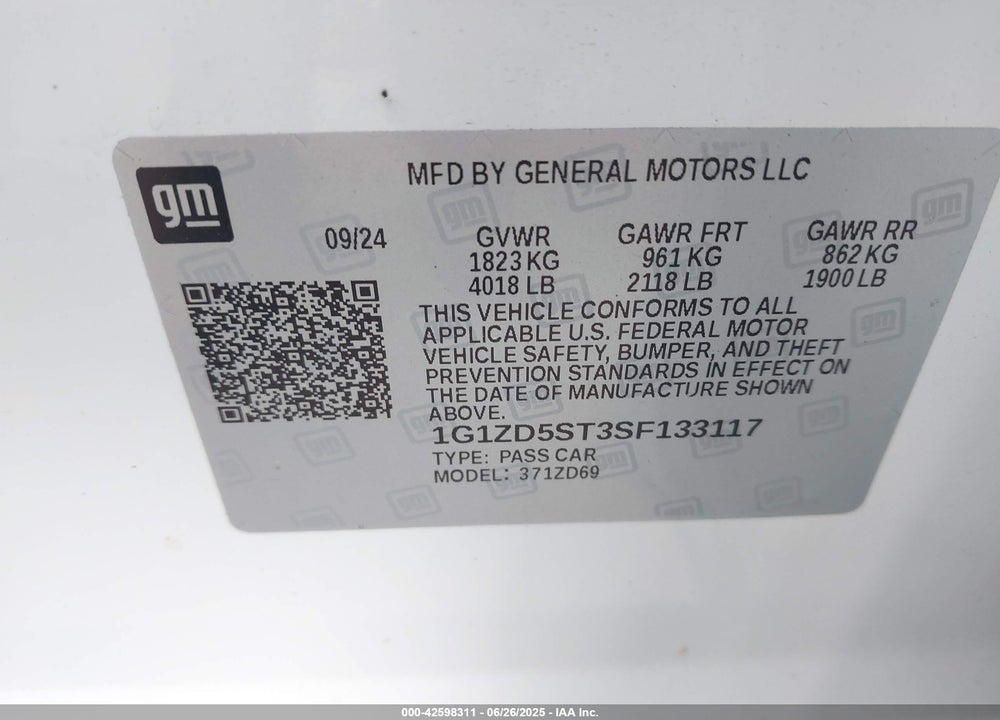 2025 CHEVROLET MALIBU VIN: 1G1ZD5ST3SF133117