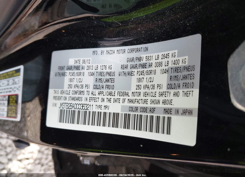 2012 MAZDA CX-9 SPORT VIN: JM3TB2BA0C0363211