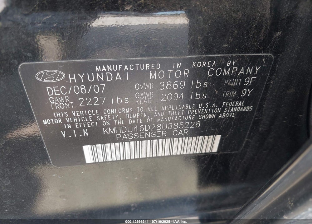 2008 HYUNDAI ELANTRA VIN: KMHDU46D28U385228