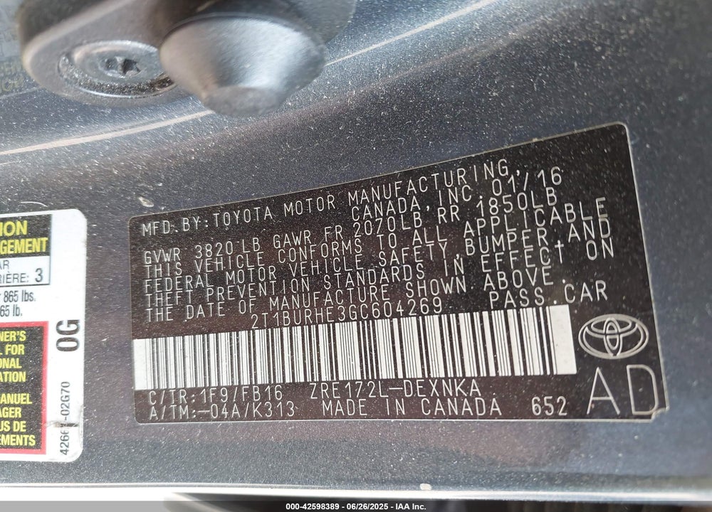 2016 TOYOTA COROLLA LE VIN: 2T1BURHE3GC604269
