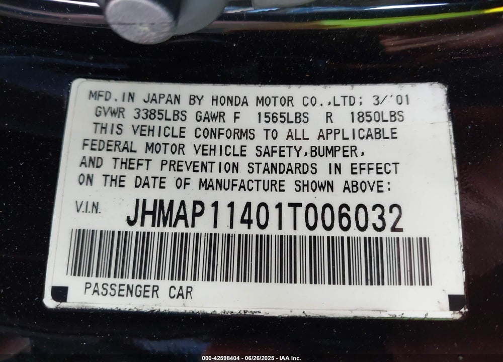 2001 HONDA S2000 VIN: JHMAP11401T006032