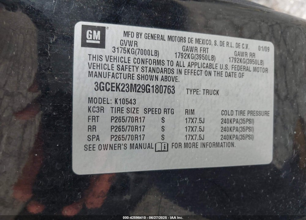 2009 CHEVROLET SILVERADO 1500 VIN: 3GCEK23M29G180763