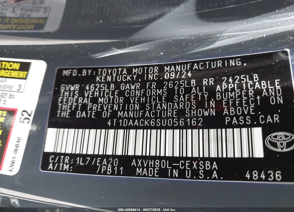 2025 TOYOTA CAMRY VIN: 4T1DAACK6SU056162