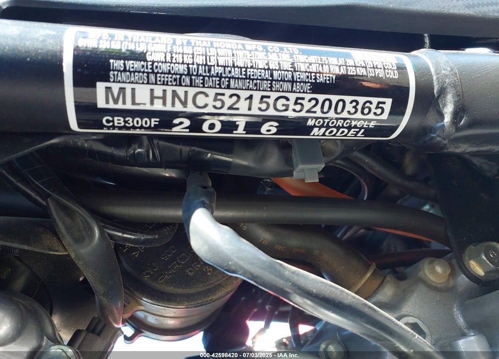 2016 HONDA CB300 F VIN: MLHNC5215G5200365