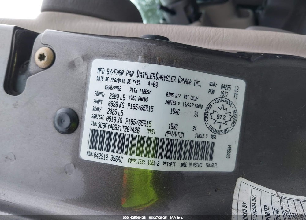 2001 CHRYSLER PT CRUISER VIN: 3C8FY4BB31T287426