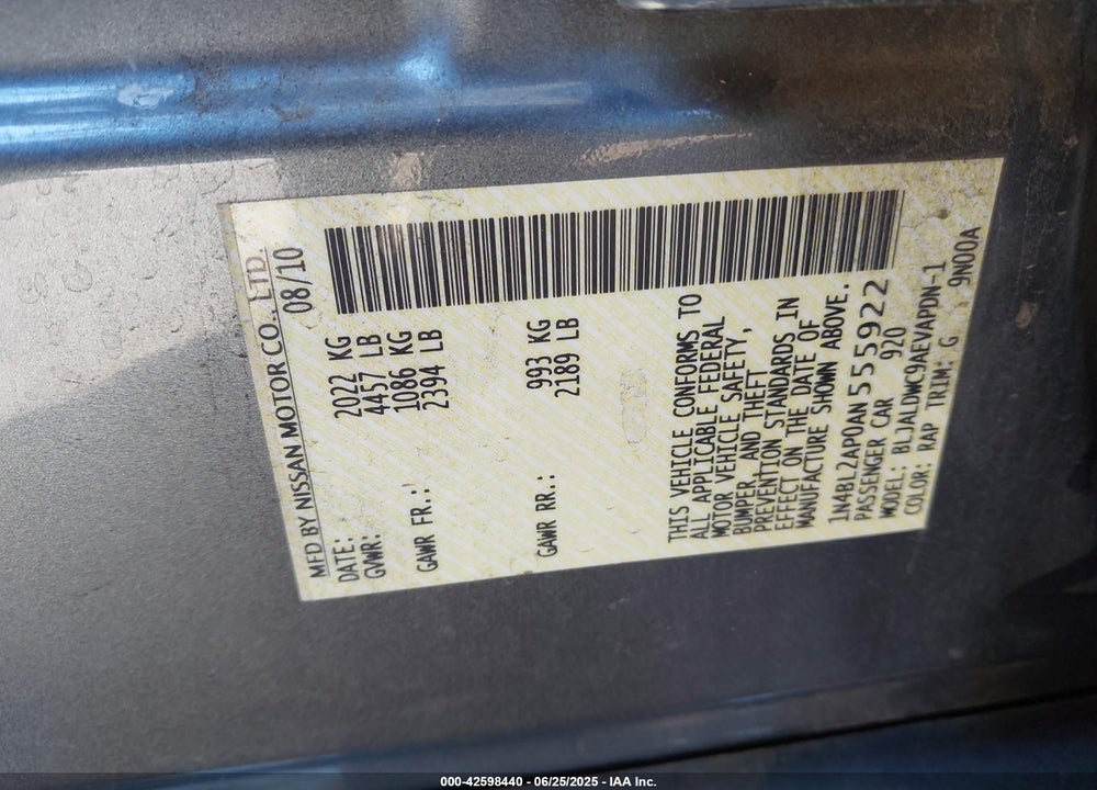 2010 NISSAN ALTIMA VIN: 1N4BL2AP0AN555922