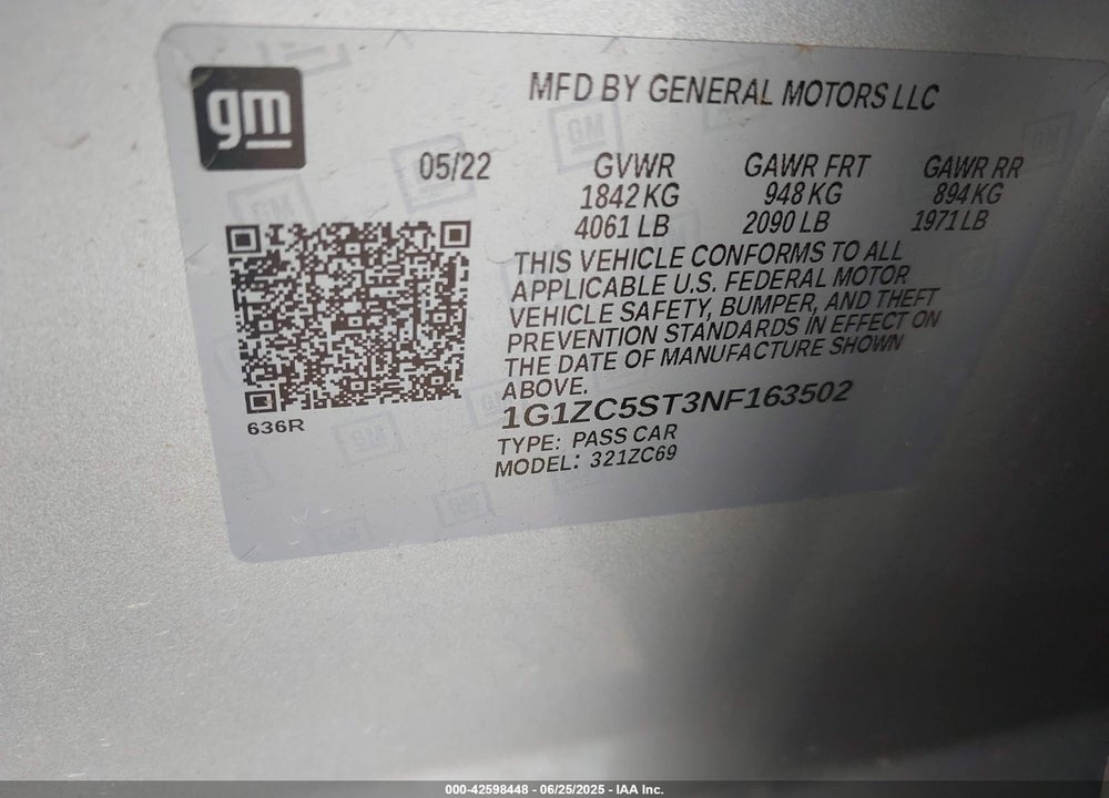 2022 CHEVROLET MALIBU FWD 1FL VIN: 1G1ZC5ST3NF163502